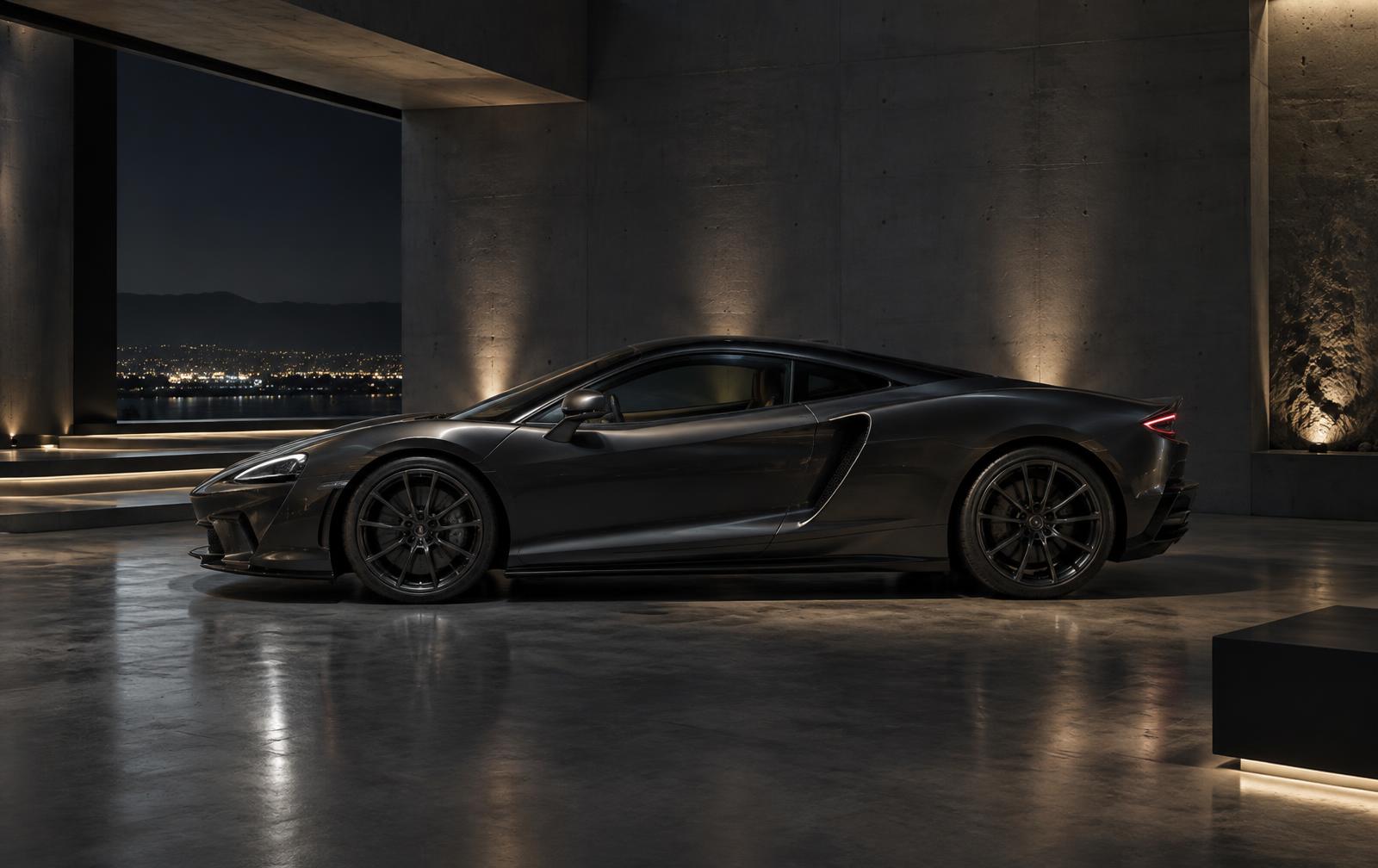 Exotic grand touring car in a dramatic showroom